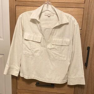 LOFT Petite Cream V Neck Long-Sleeve Shirt with Pockets